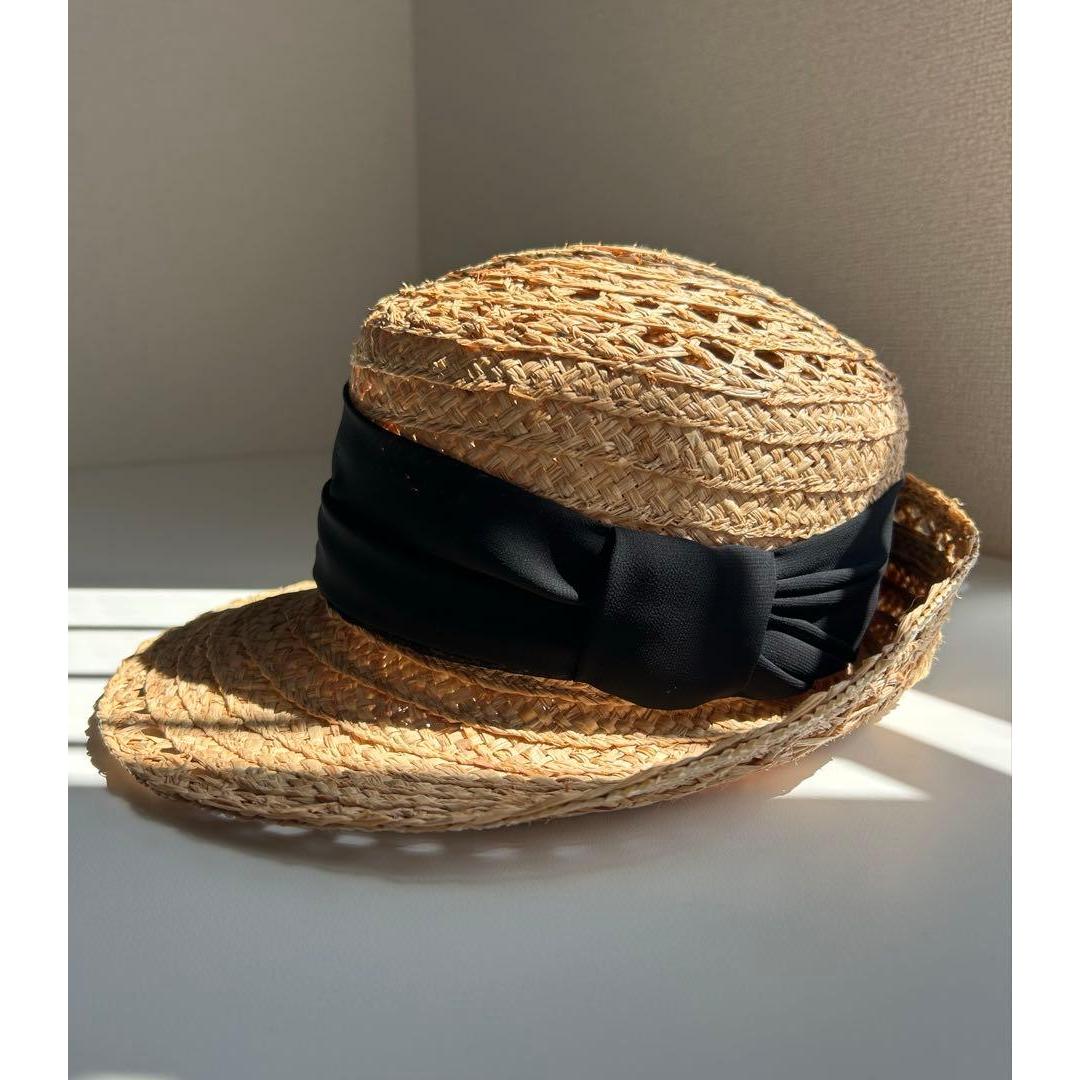 Used Rose-colored hat Raffia hat Straw hat Black ribbon Purchased by CA4LA Made in Japan