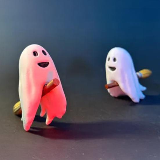 Halloween Ghost Figurine Cute Small Ghost Riding Broom Statue Mini Plastic Ghost Halloween Tabletop Decor for Tiered Tray Bookshelf Desk Decor