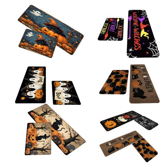 huaqianguhh 2Pcs/Set Halloween Kitchen Rugs, Anti Slip Absorbent Floor Mats, Pumpkin Black Cat Ghost Designs, Decorative Rugs for Living Room Bathroom