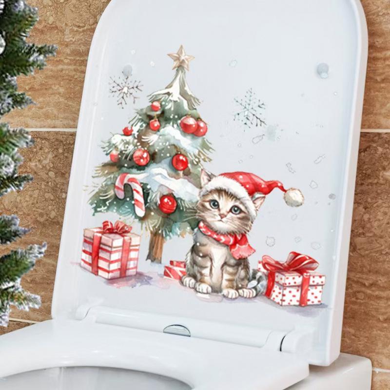 New Christmas Arrival: Cute Cat with Santa Hat Self-Adhesive Toilet Wall Stickers