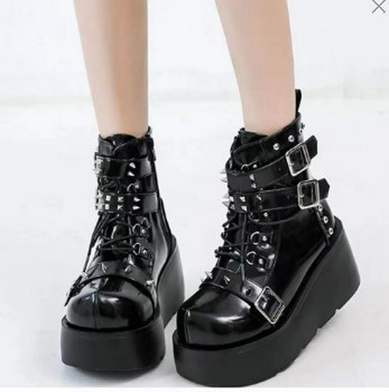 Demonia Thick-Soled Round-Toe Boots with Buckle and Lace-Up Design