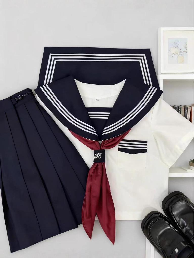 Enhanced White Three-Piece Japanese JK Sailor Suit Pleated Skirt Set - Academy Style Uniform