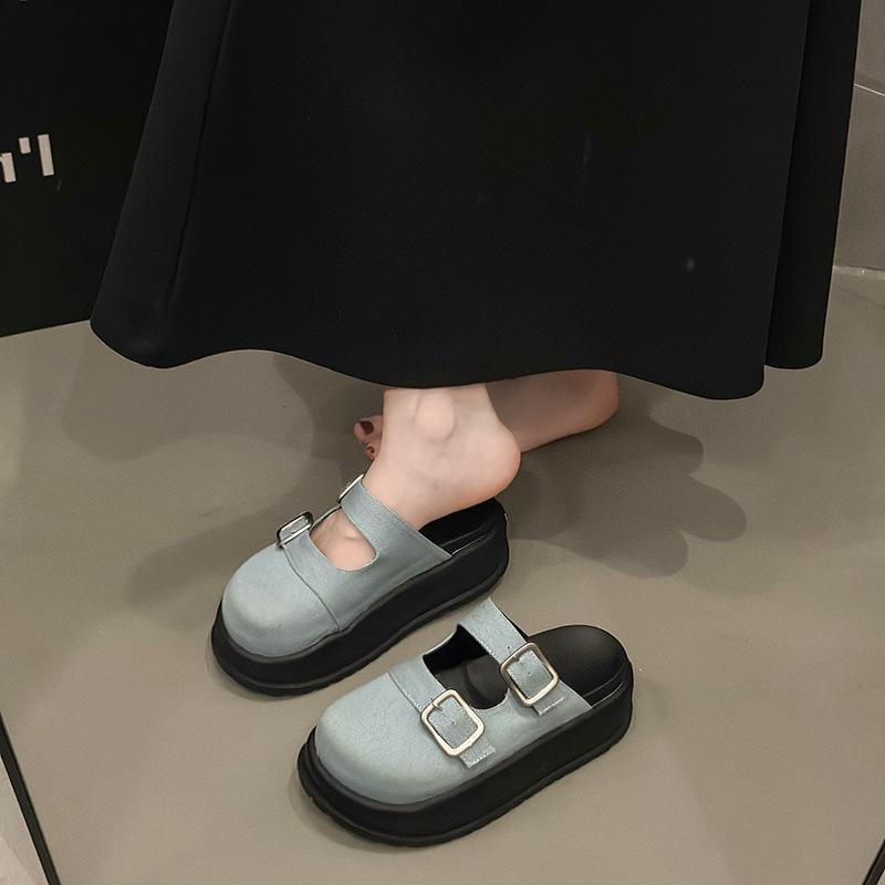 

Denim bag head half slippers, wearing summer muffin thick bottom to increase the height of women s cool slippers new 40
