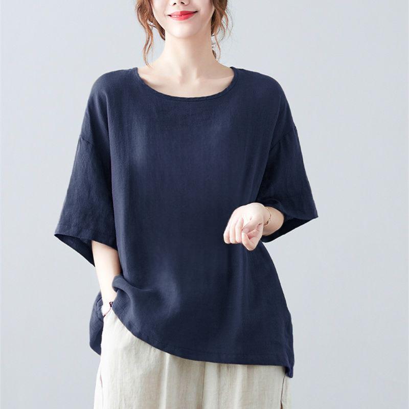 Casual Artistic Cotton Linen Women's T-Shirt Short Sleeves Vintage Top for Summer Plus Size Loose Fit Mother Clothing
