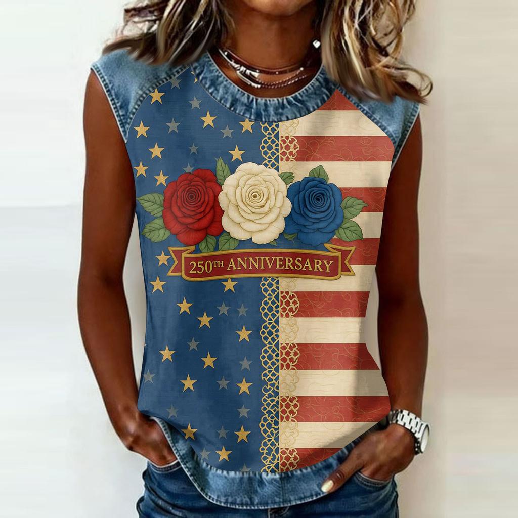 Women's Casual Sleeveless Pullover Top Crew Neck Tank Shirt 250th Anniversary Graphic Print Sleeveless Tee for Summer