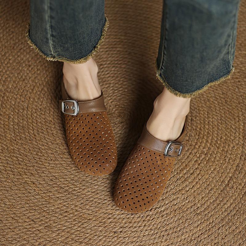 Mode NYA Sommar Dammules Ko Mocka Läderskor för Kvinnor Koncisa Täckta Tå Slingback Skor Rund Tå Låg Klack Moderna Sandaler