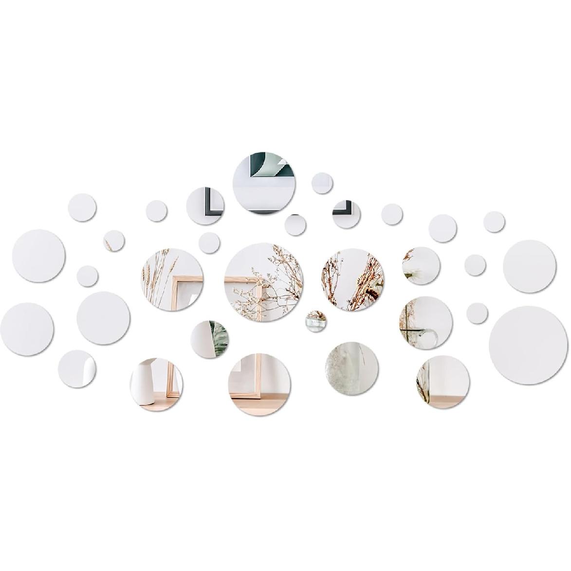 CEYAZYE Wall Mirror, Circle Mirror Tiles Self Adhesive, 32 PCS Acrylic Mirror Stick on Mirrors for Wall, Removable Peel and Stick Wall Decals for