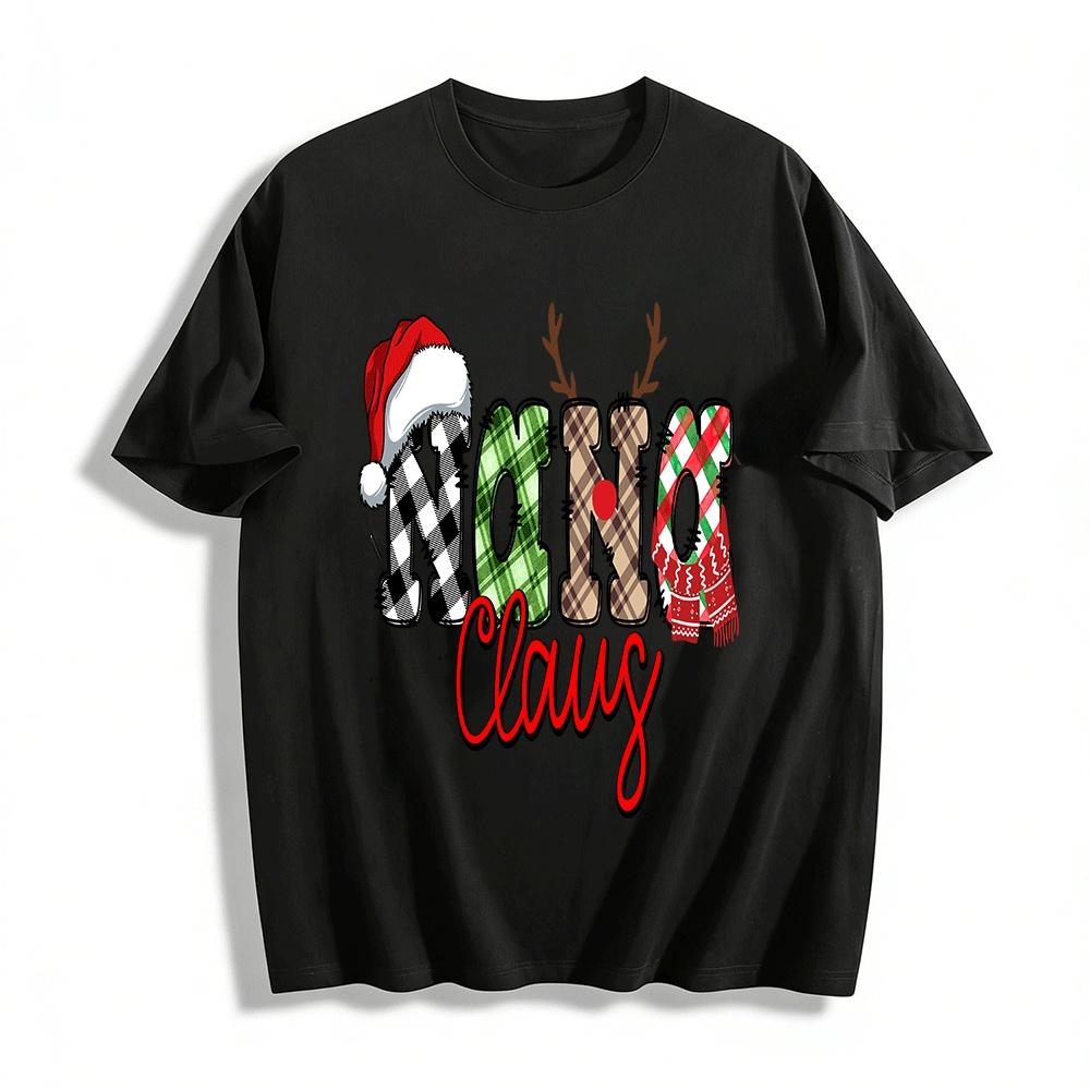 Christmas Themed Nana Claus Plaid Print Casual Top Pure cotton T-shirt XXS