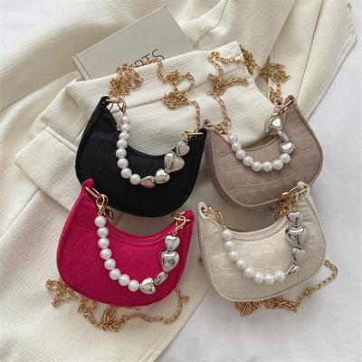 Trendy Solid Color Women's Mini Bags  Summer Temperament Fashion Chains Crossbody Pack Chic Pearl Handbag