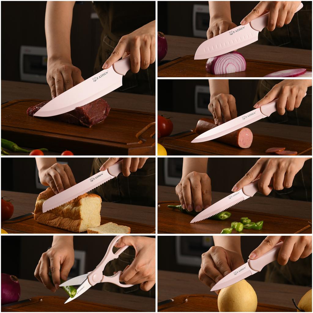 7 Pieces Pink Coding Carbon Steel Kitchen Knife Set with with Scissors and Sheaths