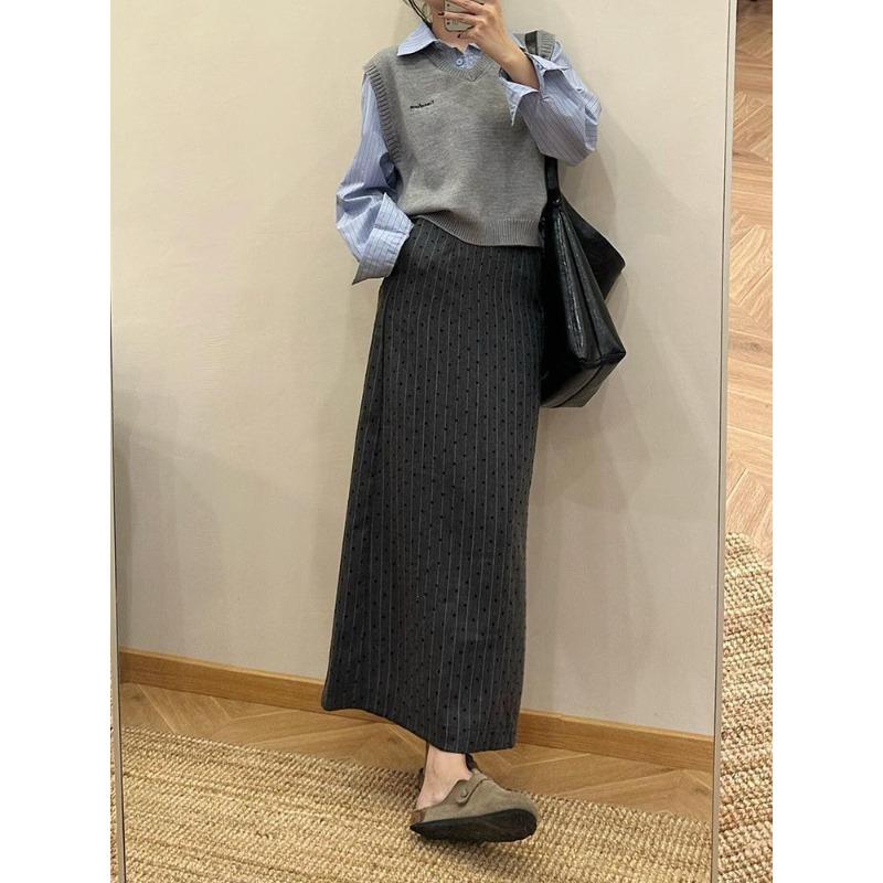 

Flocked Heart Dot Midi Skirt Women High Waist A Line Slit Pocket Long Skirt Spring Autumn Fashion XXL сірий