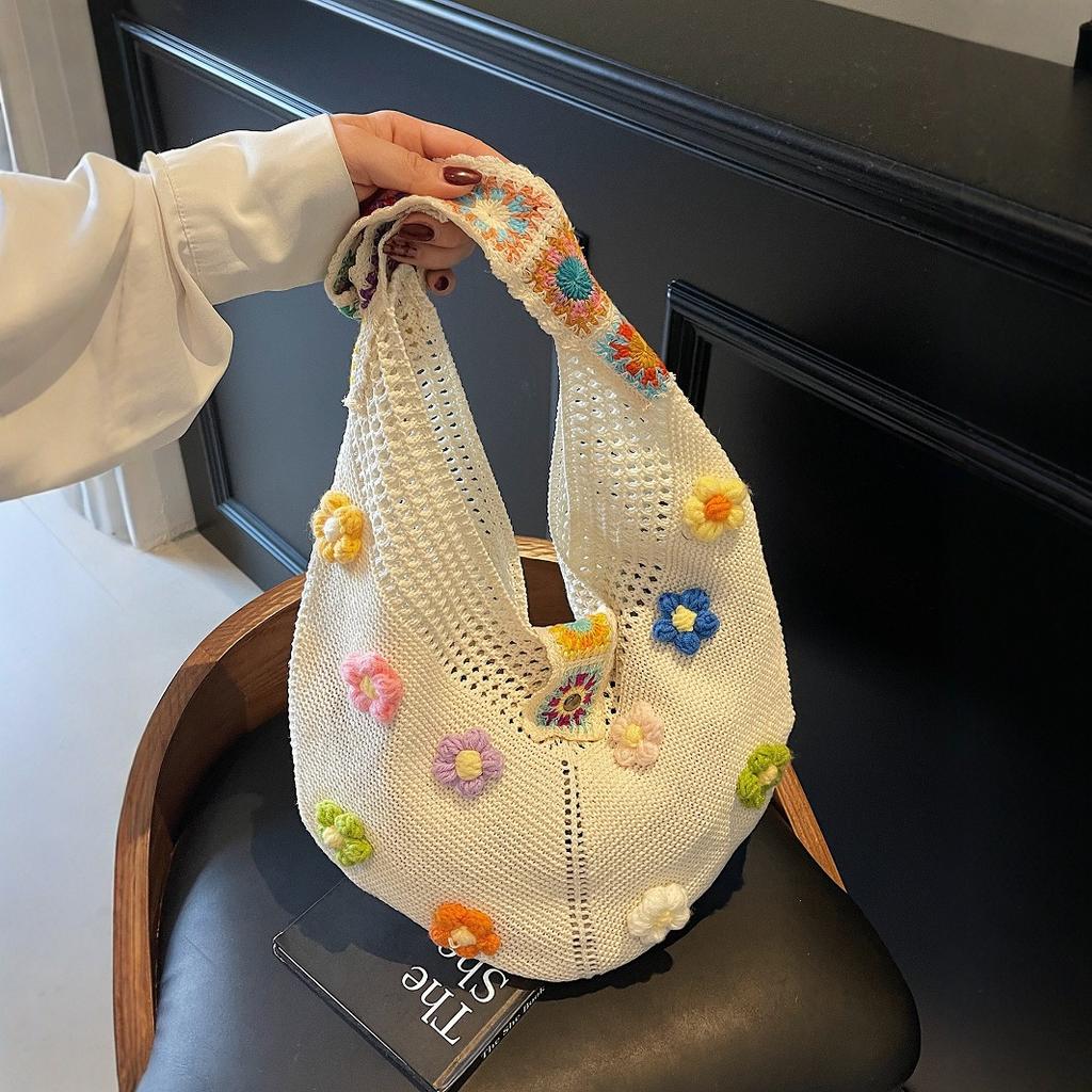 Sac à bandoulière grande capacité style décontracté pour femmes, été, petites fleurs fraîches, style ethnique, sac tricoté, simple et polyvalent