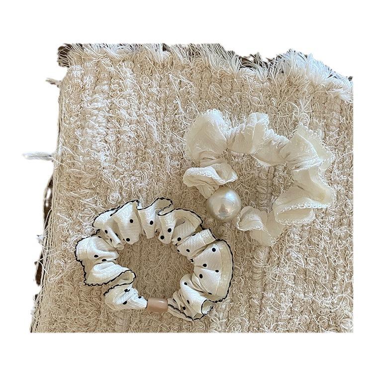 Korean Black & White Polka Dot Scrunchie with Pearls - Versatile, High Elasticity Hair Tie