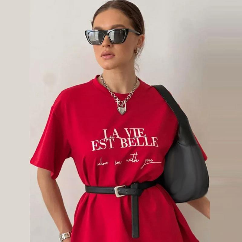 Enkel T-shirt i bomull med tryckta bokstäver för dam Vår Sommar Lös O-hals Kortärmad T-shirt Dam Mode Street Mångsidig Topp