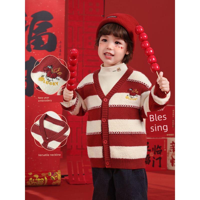 Boys' New Year Striped Knitted Cardigan Sweater Jacket Autumn Children's Baby Toddler Top Autumn and Winter U16102