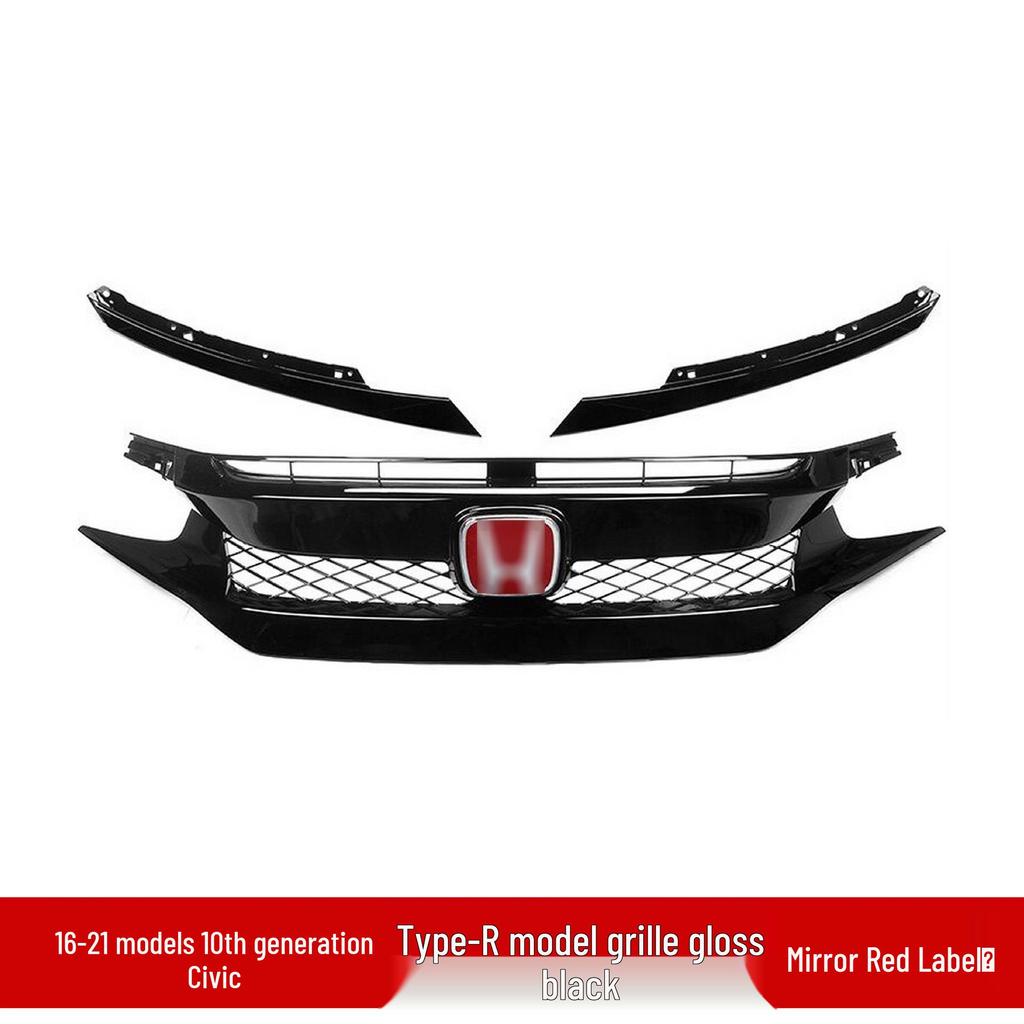Glossy Black TR Grille & Body Kit for 2016 Civic Type R: Includes Rear Wing, Front Splitter, and Side Skirts.