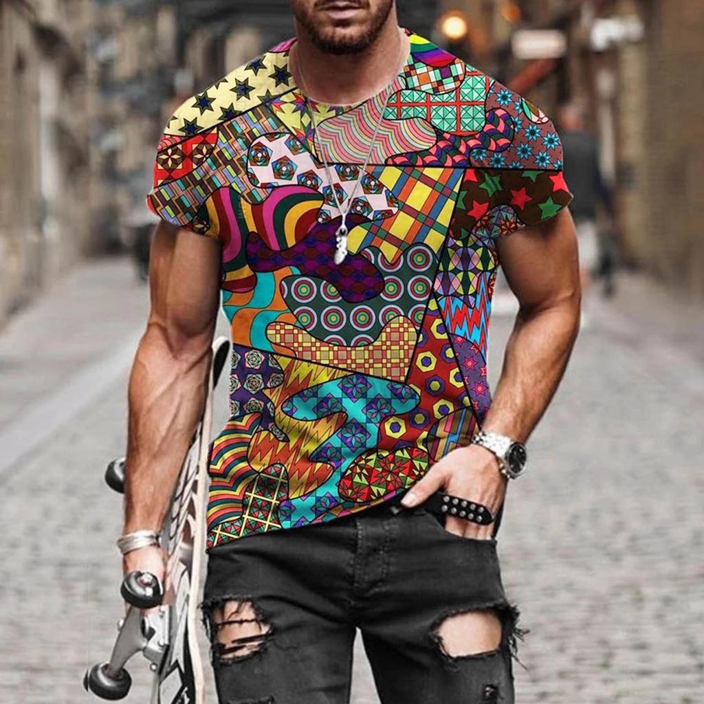 Summer Round Neck 3D Vibrant Ethnic Print Top Fashionable Casual Short Sleeved Men's T-shirts