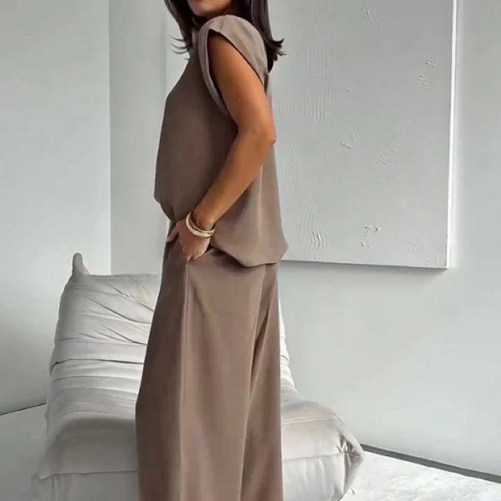 2025 European & American Autumn/Winter Women's Sleeveless Solid Casual T-Shirt and Wide-Leg Pants Set