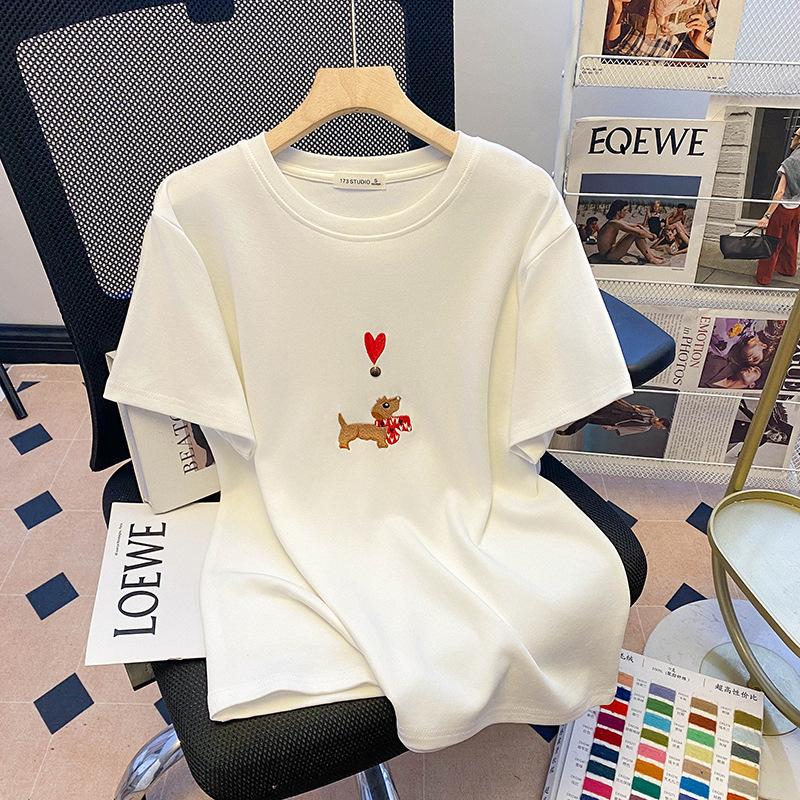 Foreign Style Heavy Cartoon Embroidery Short-sleeved T-shirt Women's Summer New High-end Water Soft Cotton Loose Half-sleeved Top