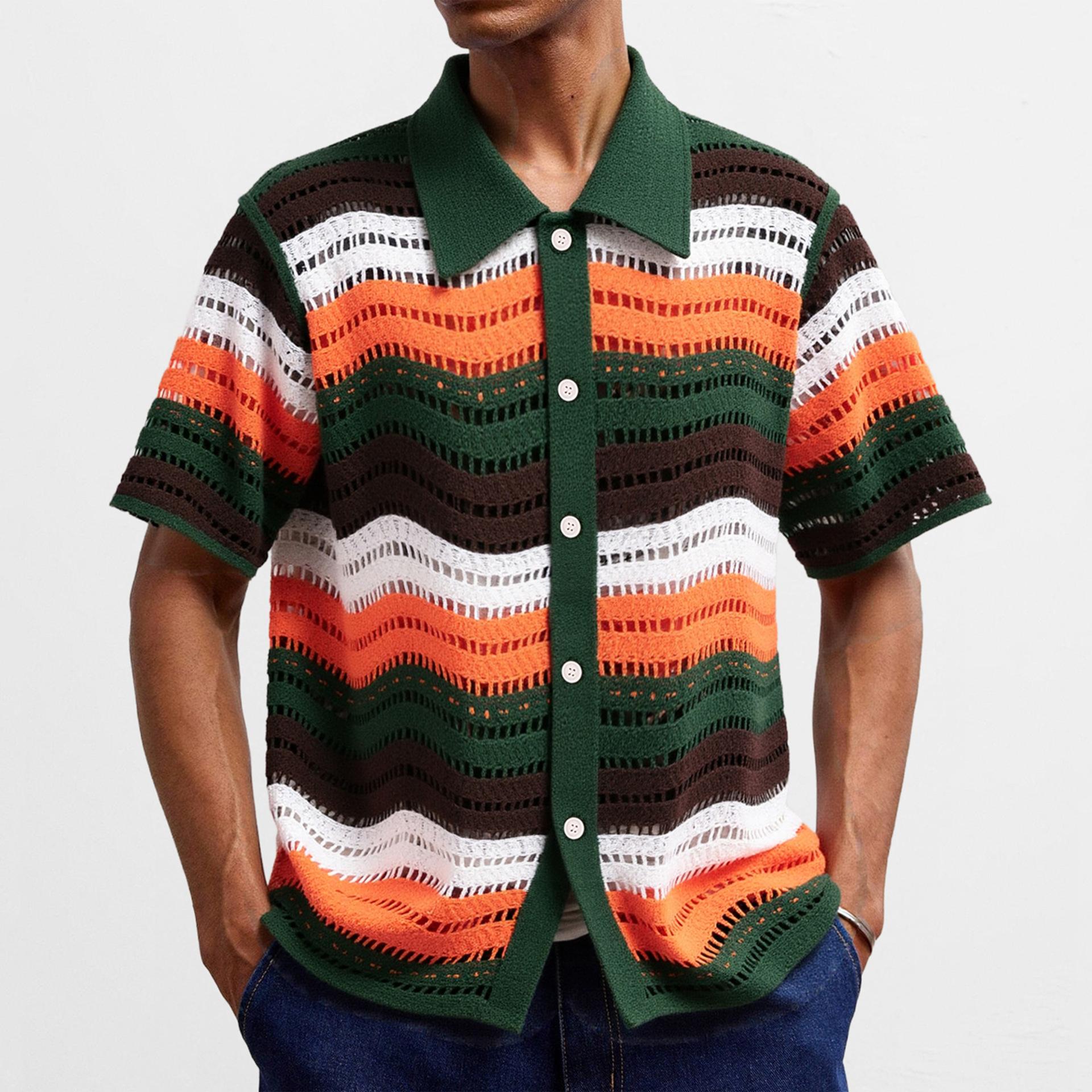 

Knit Short Sleeve Shirt for Men Casual Button Down Shirt Vintage Knitted Golf Beach Collared Shirts Tops Men s Crochet Hollow Out Summer Vacation Top M