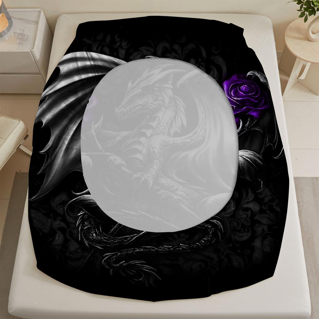Black Dragon Purple Flower 3D Print Fitted Sheet Set 100% Polyester Mattress Covers Breathable Bedding Set With 2 Pillowcases