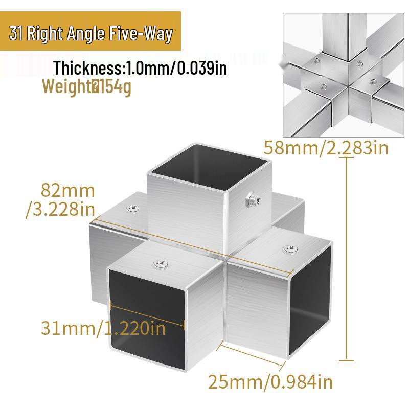 Stainless Steel Weld-Free Square Tube Connector for Shelves - 20/25/30mm