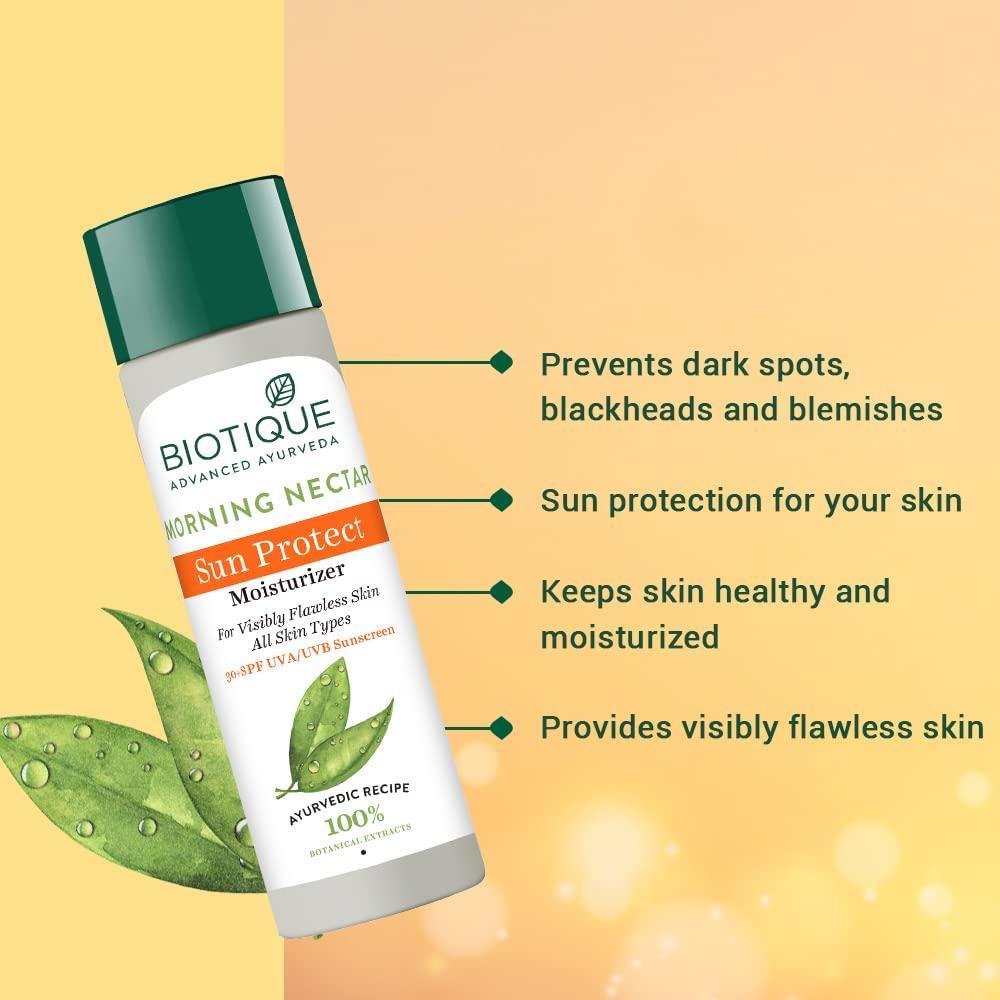 Biotique Morning Nectar SPF 30 Sunscreen Moisturizer – Wild Turmeric & Neem for Flawless Skin – 120 ml