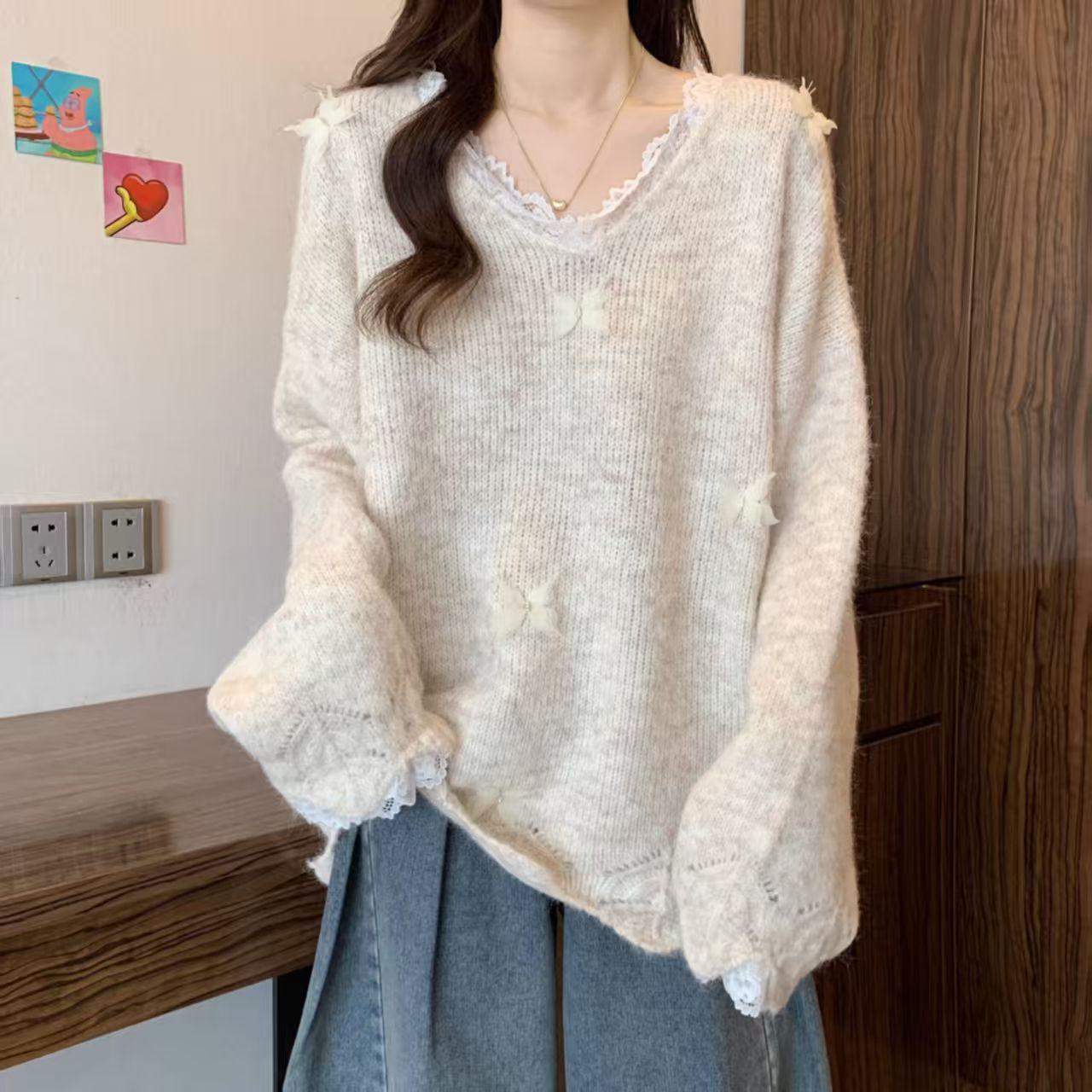 

Women s Plus Size V-Neck French Lace Knitwear: Soft Autumn/Winter Loose Slimming Top 3XL абрикосовый