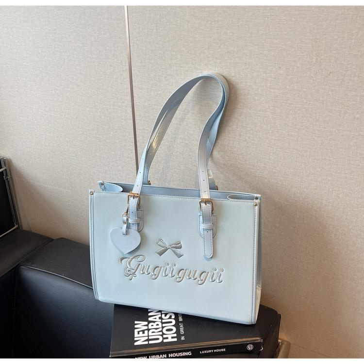

Large-capacity embroidered bag women s summer versatile new casual shoulder bag textured commuter tote bag синий