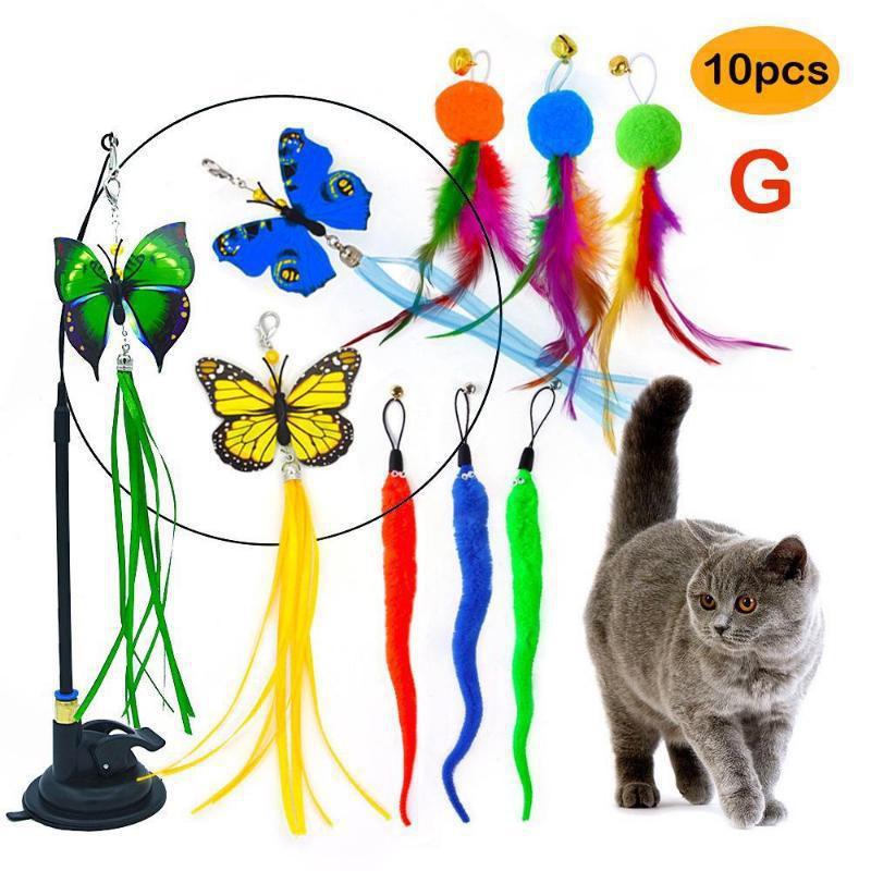 10 Styles of Cat Feather Toys,Telescopic Fishing Rod Toys for Teasing Cats,Accompanying Training, Suitable for All Kinds of Cats