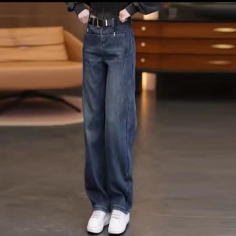 Retro Velvet High-Waisted Slimming Jeans - 2025 Autumn/Winter Straight Leg and Wide Leg Pants Retro Blue - Ankle Length