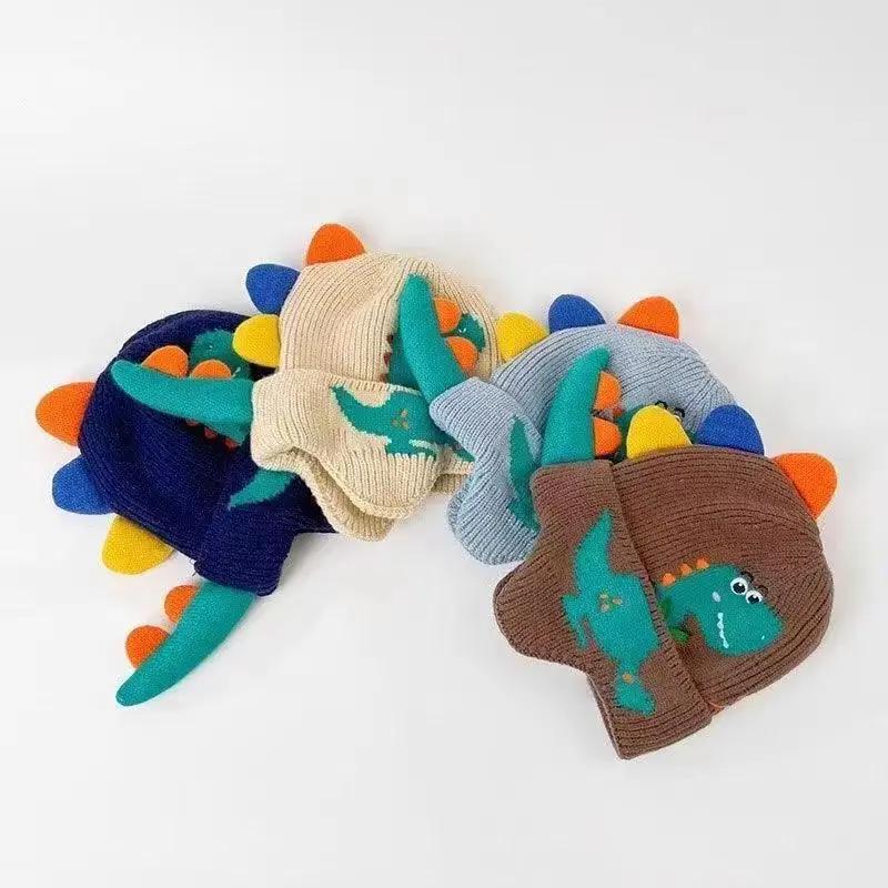 Baby Winter Hat Cartoon Dinosaur Warm Knitted Beanie Earmuffs Cap Kids Boys Girls Outdoor Ear Protection Cap