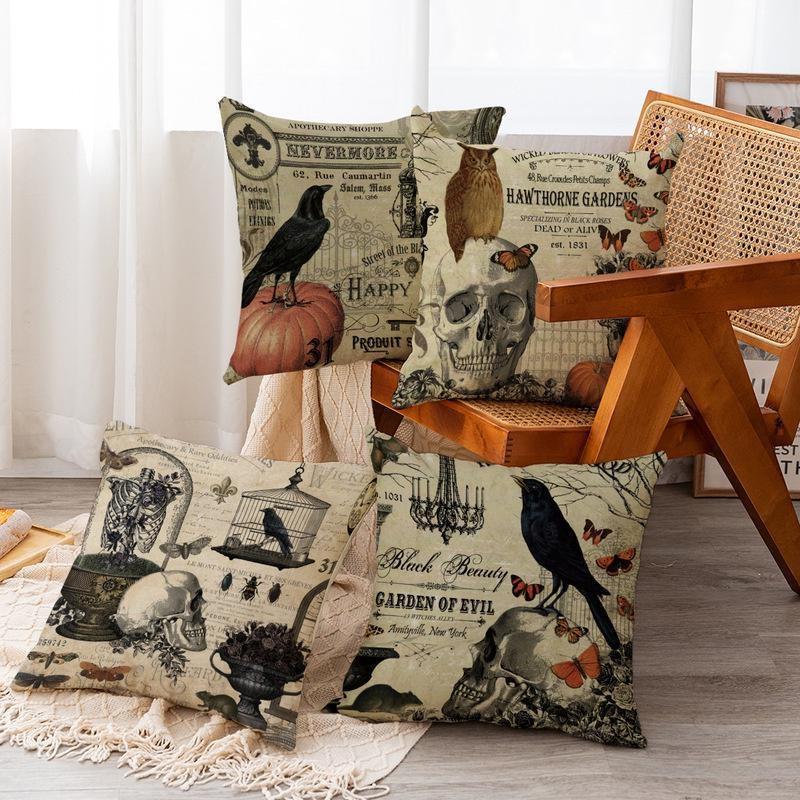 Retro Throw Pillow Covers Cotton Linen Cushion Cover Print Pillowcases for Sofa Bed Couch Halloween Decorations (18 X 18 Inches)