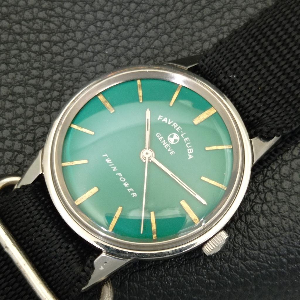 VINTAGE FAVRE LEUBA TWIN POWER 253 HAND-WINDING SWISS MENS GREEN WATCH A702048-5 R208-a702048