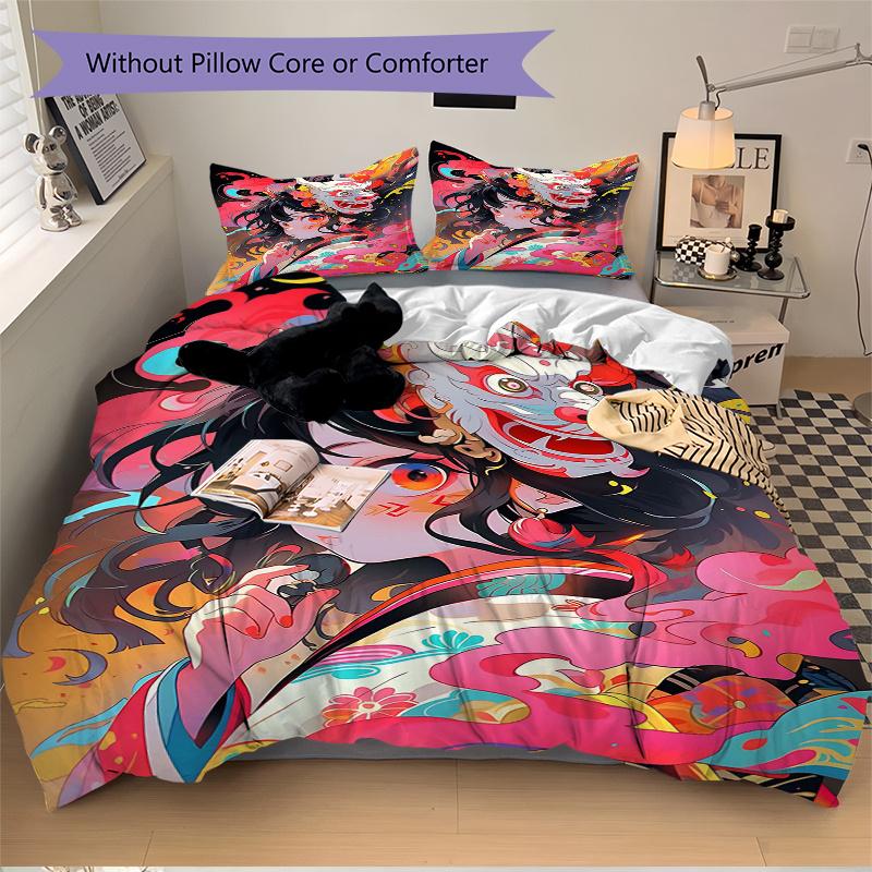 3pcs Whimsical Dragon Mask Quilt Set Cartoon Themed Bed Quilt Set Lovely Character Bedroom Decor Bed Quilt Set Four Seasons (1 Cover + 2Pillowcas