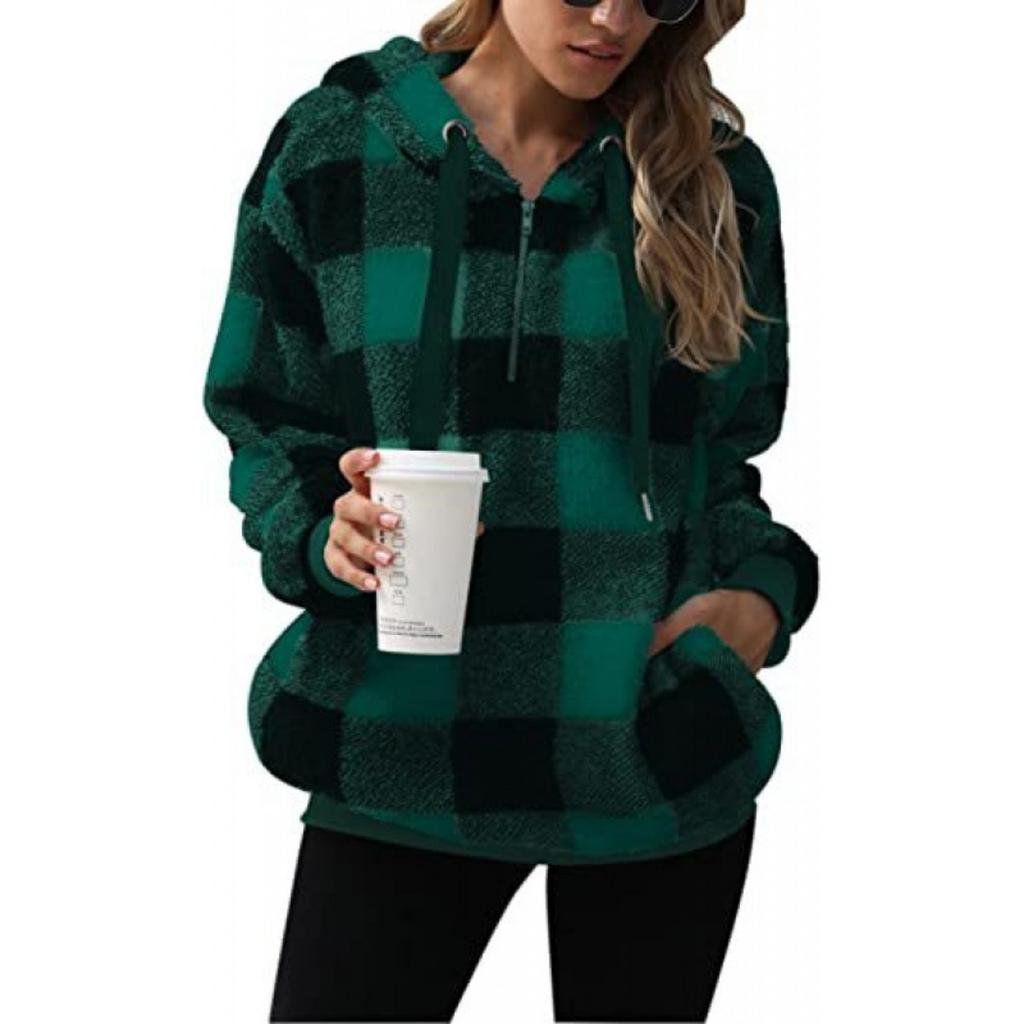 Plush Jacket Long Sleeved Hooded Plaid Plush, Women's Hoodie Jacket