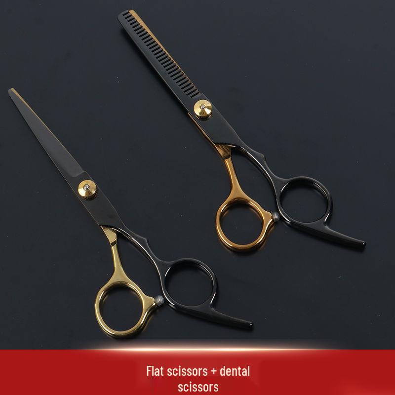 Black Gold Hairdressing Scissors Set: Flat Cut & Thinning Scissors for Women - Perfect for Home Haircuts and Bangs.