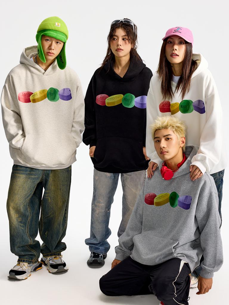 Buntes Sweatshirt mit Pillen-Print, amerikanischer Kapuzenpullover, neu, Frühling und Herbst, Partner-Schulstil-Pullover, reines Baumwoll-Oberteil, trendig