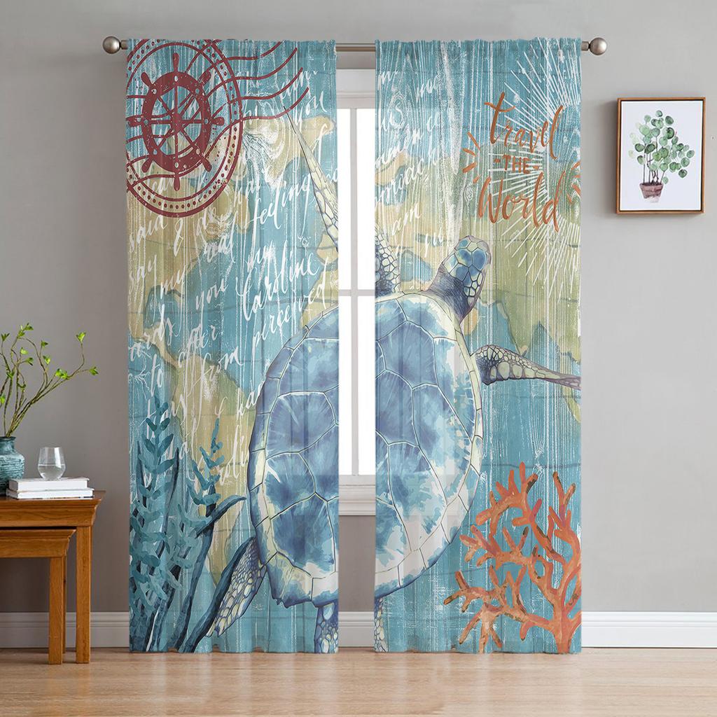 Blue Ocean Green Turtle Tulle Curtains For Living Room Bedroom Decoration Sheer Voile Window Curtains Party Drapes Panels
