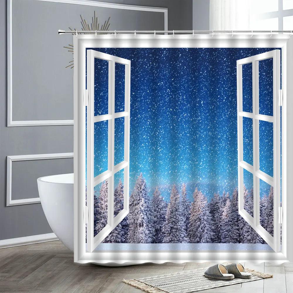 Winter Landscape Shower Curtain Outside The Window Cedar Snow Scene Bathroom Curtain Decor Waterproof Fabric Bathtub Screen