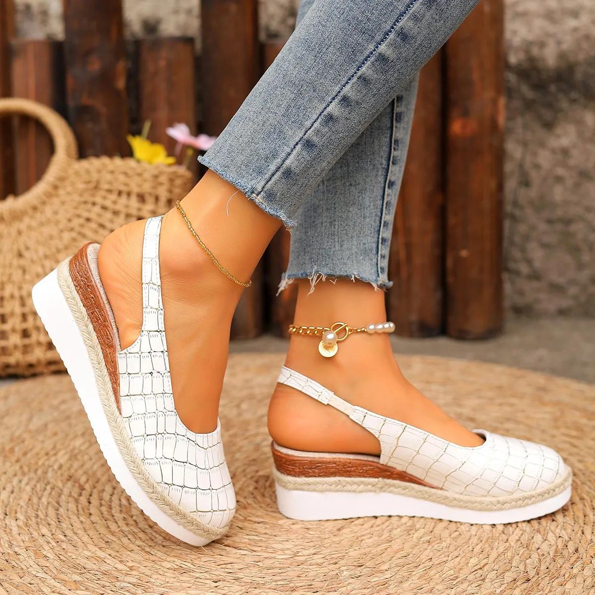 

Новые женские сандалии на наклонном каблуке Baotou, туфли на толстой подошве, большие сандалии с джутовой тканой межподошвой