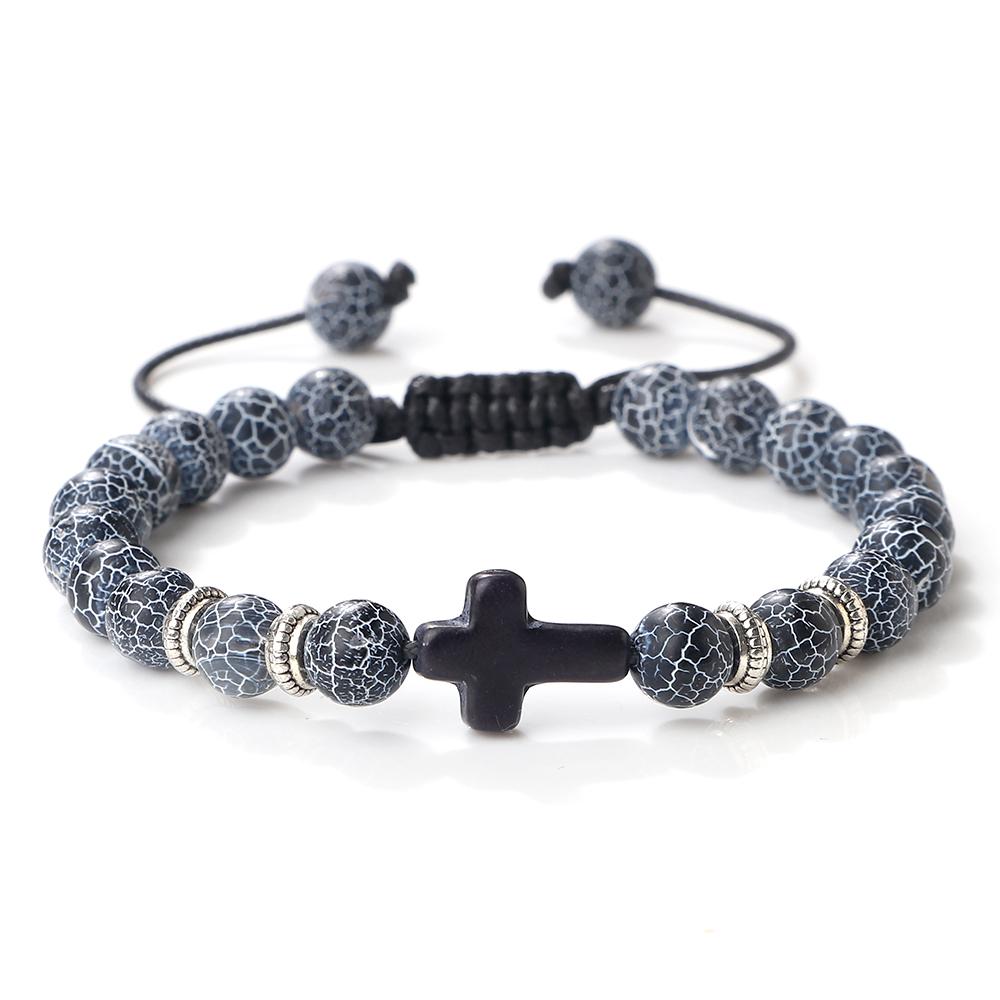 Men Women Braided Bracelet 8MM Natural Stone Christian Bless Jesus Cross Hematite Bead Bracelets Bangles Prayer Handmade Jewelry