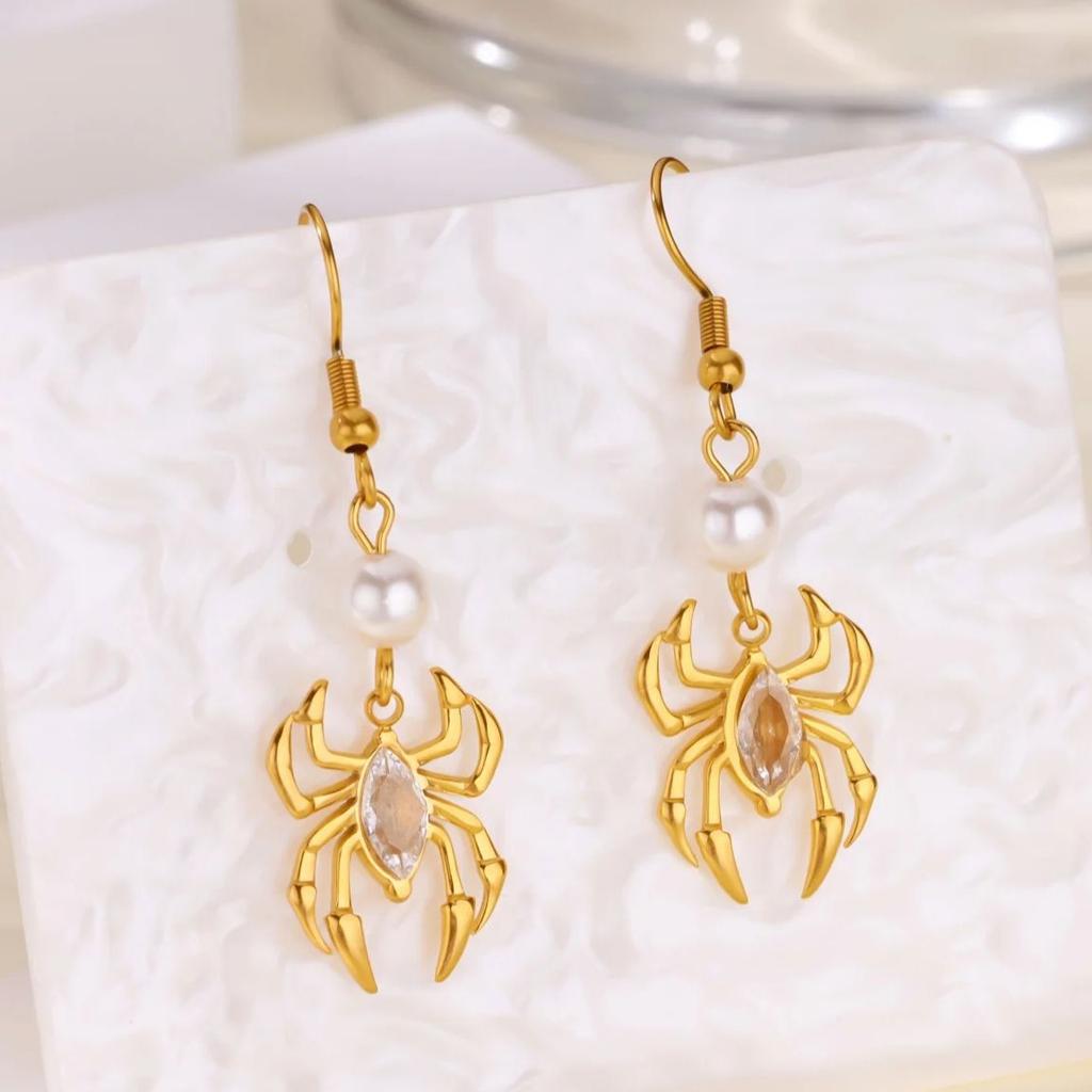 Zircon Pearl Spider Earrings For Women Gold Color Stainless Steel Spider Dangle Drops Trendy Minimalist Jewelry Gift