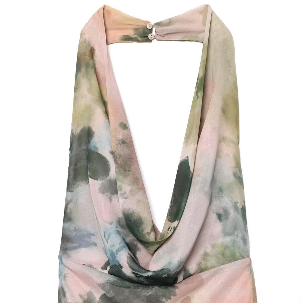 Summer New Women's Clothing European and American Fashion Temperament Retro Tie-dye Printing Deep V-neck Neck Dress Long Dress