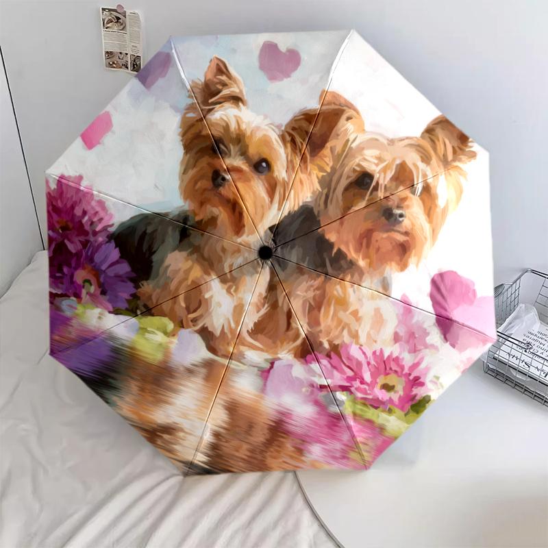 Pink Yorkshire Terrier Pattern, Automatic Folding Umbrella, Portable and Foldable Design, 8 Ribs, a Christmas or Birthday Gift.