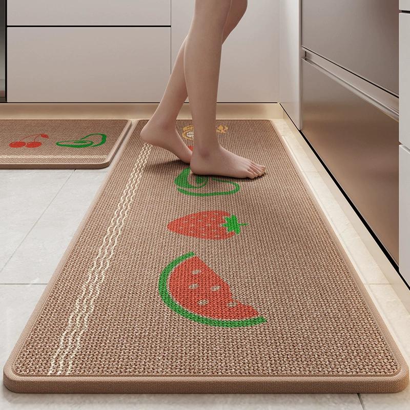 Cartoon Printed Linen Kitchen Floor Mat, Water and Oil-absorbing Kitchen Rug, Non-Slip Rubber Backing, Doormat Bath Mats