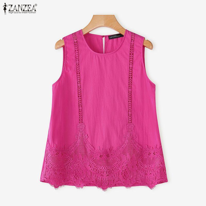 ZANZEA Women Elegant Casual Ruffled Sleeveless Lace Patchwork Tank Tops Tee