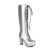 Plus Size Glossy Patent Leather Cross Lace Up Zipper With Plush Lining Women's Knee Length Boots Extra High Thick Heels Boots
