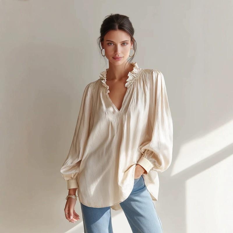 Womens Loose V-Neck Ruffled Puff Sleeve Shirt Top 2026 Fall Casual Oversized Blouse