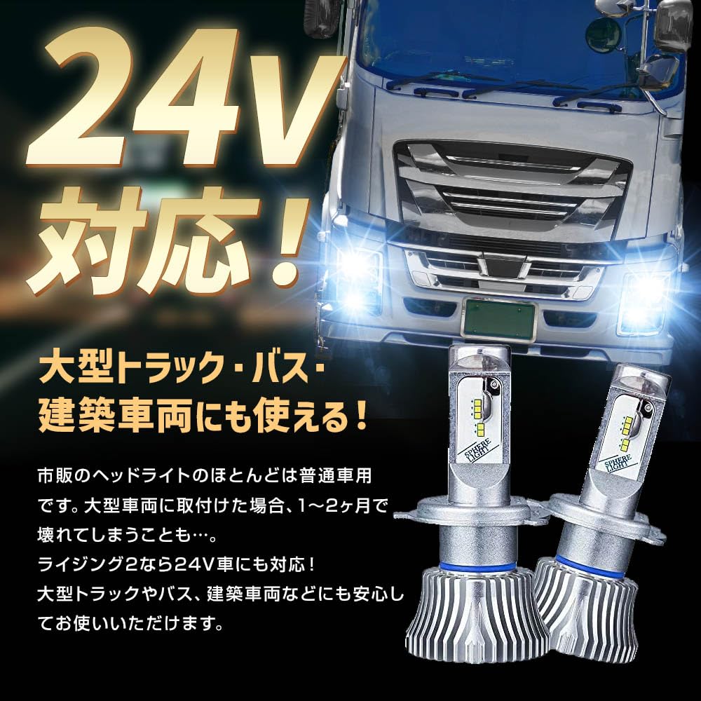 Sphere Light 24V H4 LED Headlight RIZING2 6000K White 4800lm Vehicle Inspection Compliant Made In Japan Bulb Fanless Noise Reduction Large Vehicles
